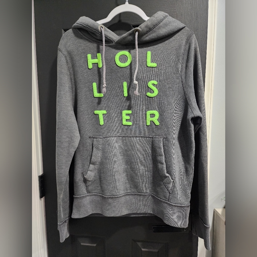 Y2k Mens Medium Hollister Dark Gray Hoodie with Neon Green Letters